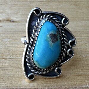 VTG Old Pawn Navajo Sterling‎ Silver  Ring Size 6 Turquoise Gem Rope Accent 6.9g